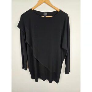 Clara Sun Woo Black Tunic Top Medium Asymmetric Hem Long Sleeve Made in USA